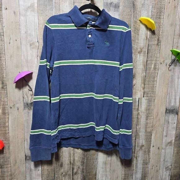Abercrombie and Fitch Vintage Y2K Navy Stripe Muscle Polo LS - Picture 1 of 8